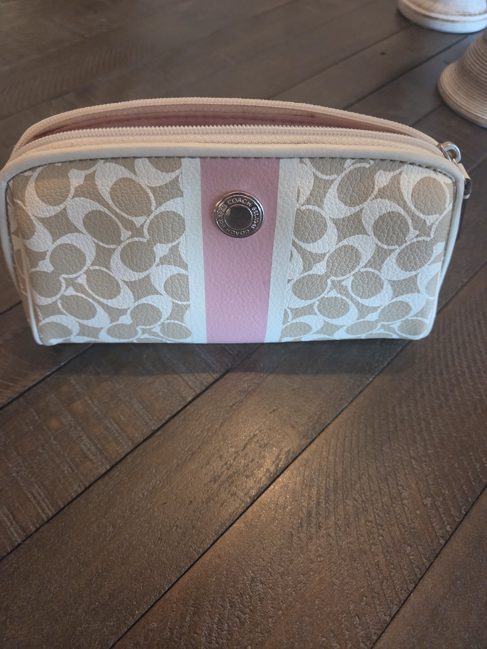 Coach Signature Cosmetic Pouch in Cream with Pink Stripe